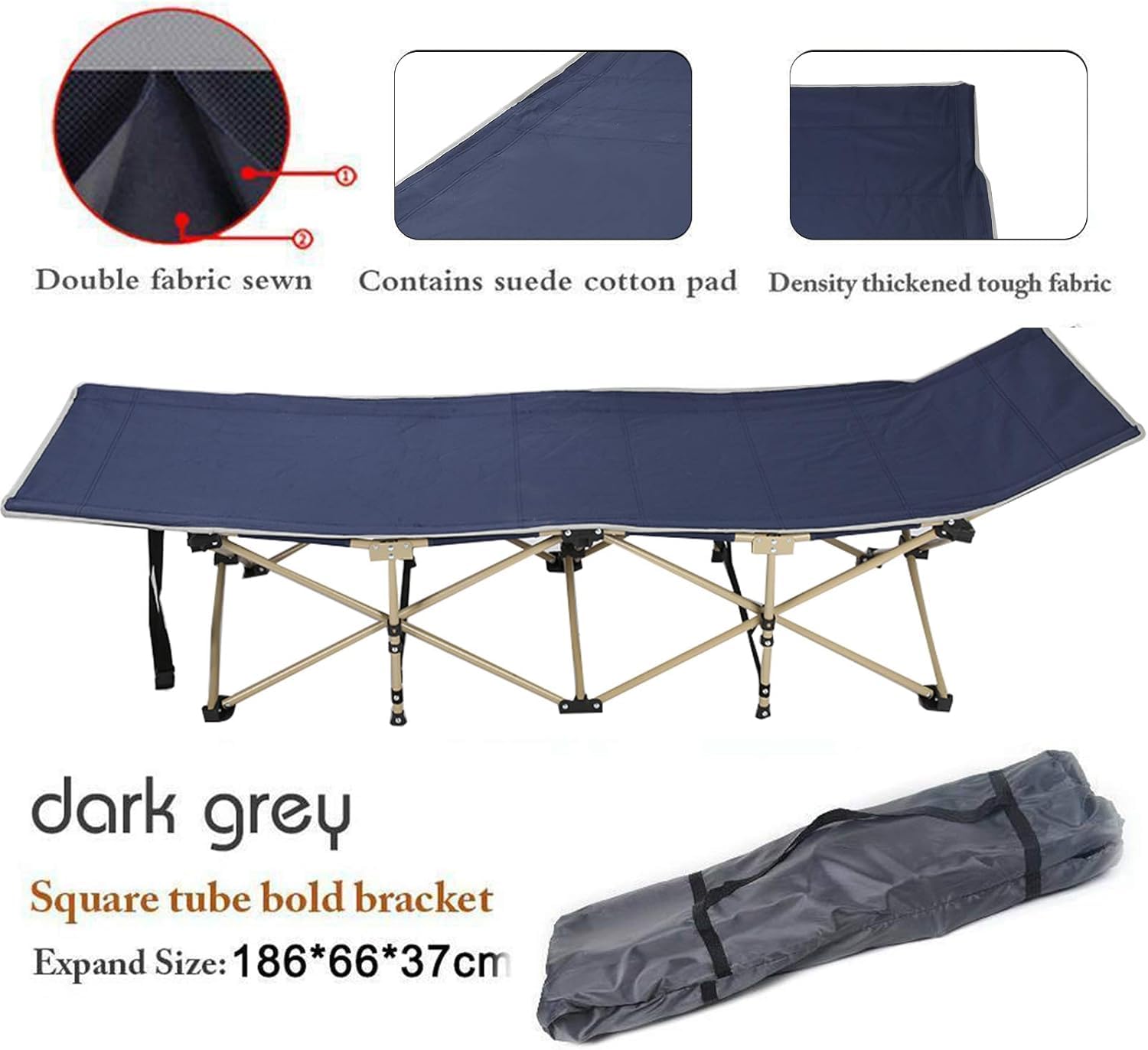 Campingbett Klappbar XL Feldbett 250kg Belastbar Faltbare Campingliege mit Seitentasche Tragbares Klappbett für Camping Outdoor Garten Strand Reise Gästebett Indoor Outdoor