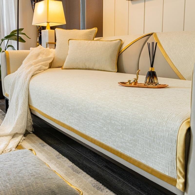 Upgraded Couch Covers - Solid Color Gold Edge Couch Sofa Cover Sectional Couch Cover Non Slip Sofa Cover for 2 3 4 Cushion Couch Modern Style Couch