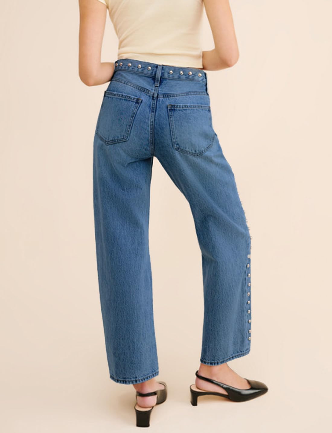D-Sun Women's Mid Rise Straight Leg Jeans Studded Wide Leg Casual Jeans Rivet Stretchy Baggy Denim Pants