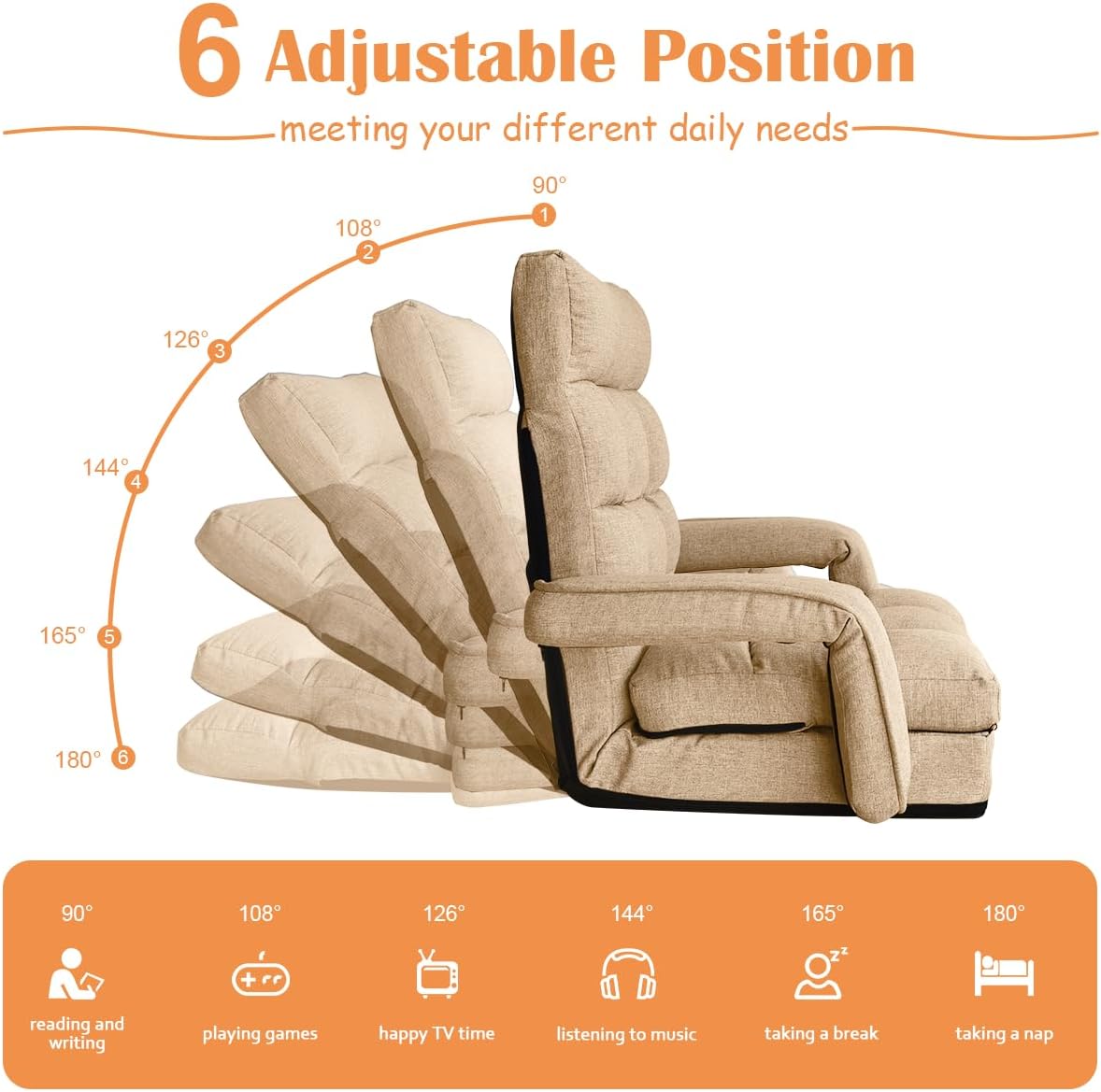 Floor Gaming Chair, 6 Position Adjustable Indoor Chaise Lounge Chair for Teens Adults, Padded Folding Meditation Sofa with Armrests and Pillow, Comfy Chair for Teens, Adults, Pets - Light Camel