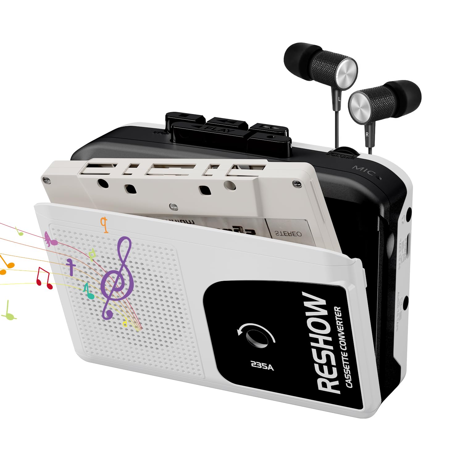 Reshow Reproductor de Casetes Portátil, Micrófono y Altavoz Integrados, Conversor USB de Casete a MP3, Grabación Inversa en Cinta, Grabador de Casetes con Auriculares