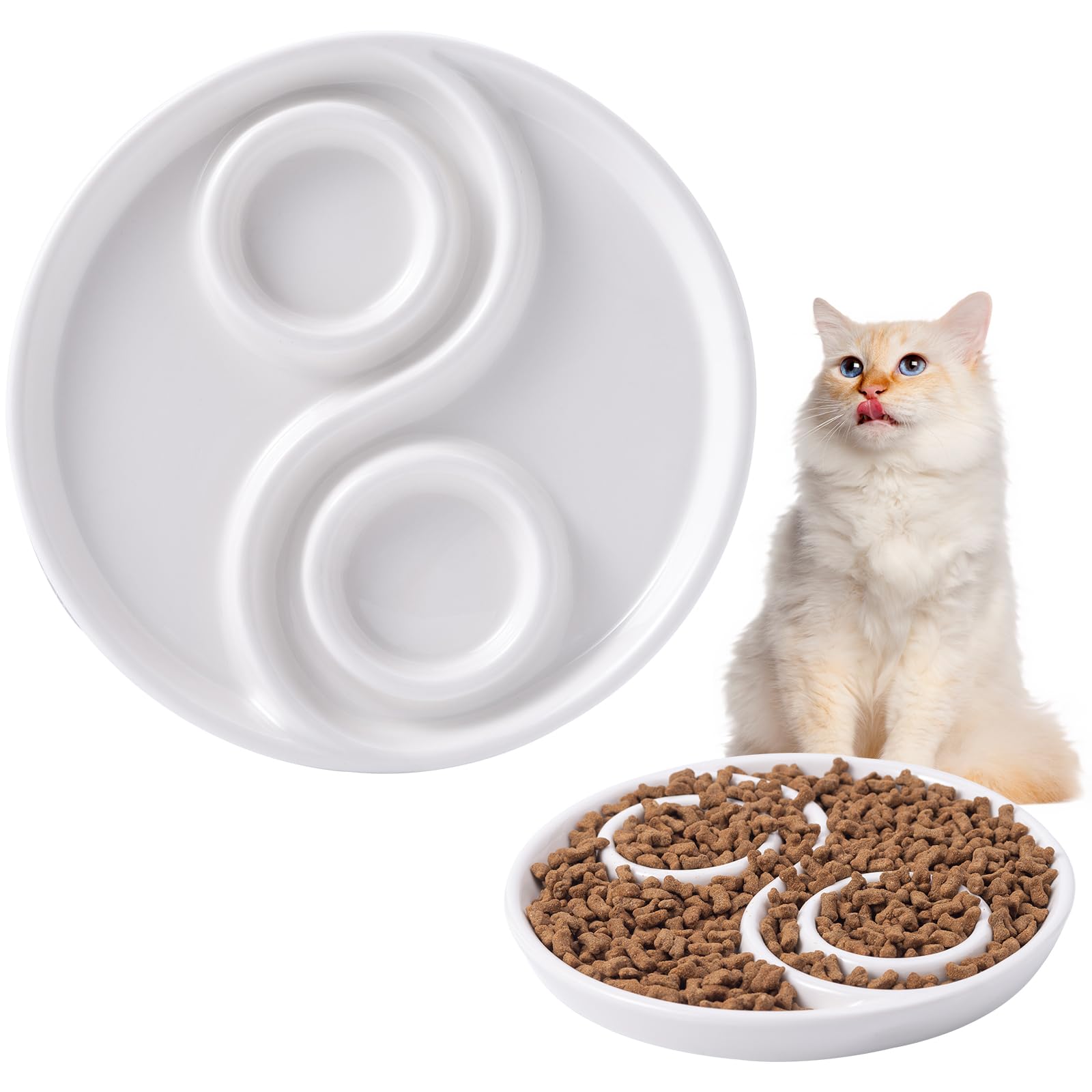 Ceramic Slow Feeder Cat Bowl Yin Yang Symbol Maze Cat Food Dish Anti-Vomiting Cat Bowl Slow Eating Plate for Cats, Cat Shallow Bowl-Whisker Friendly