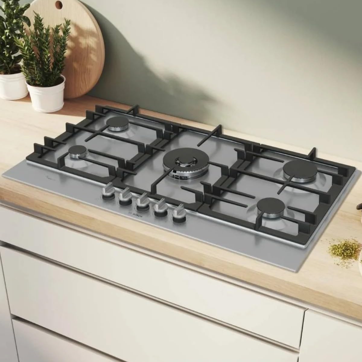 Bosch PCR9A5I90 Series 6, Plaque à gaz, FlameSelect, Poignées magnétiques amovibles, WOK, Grilles en fonte, Acier, 90 cm
