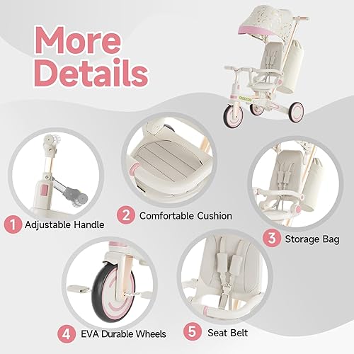 Vista 5 de WinHope Triciclo de empuje 9 en 1 para niños pequeños de 1 a 3 años, triciclo convertible para niños con asa de empuje y cinturón de seguridad, Rosa