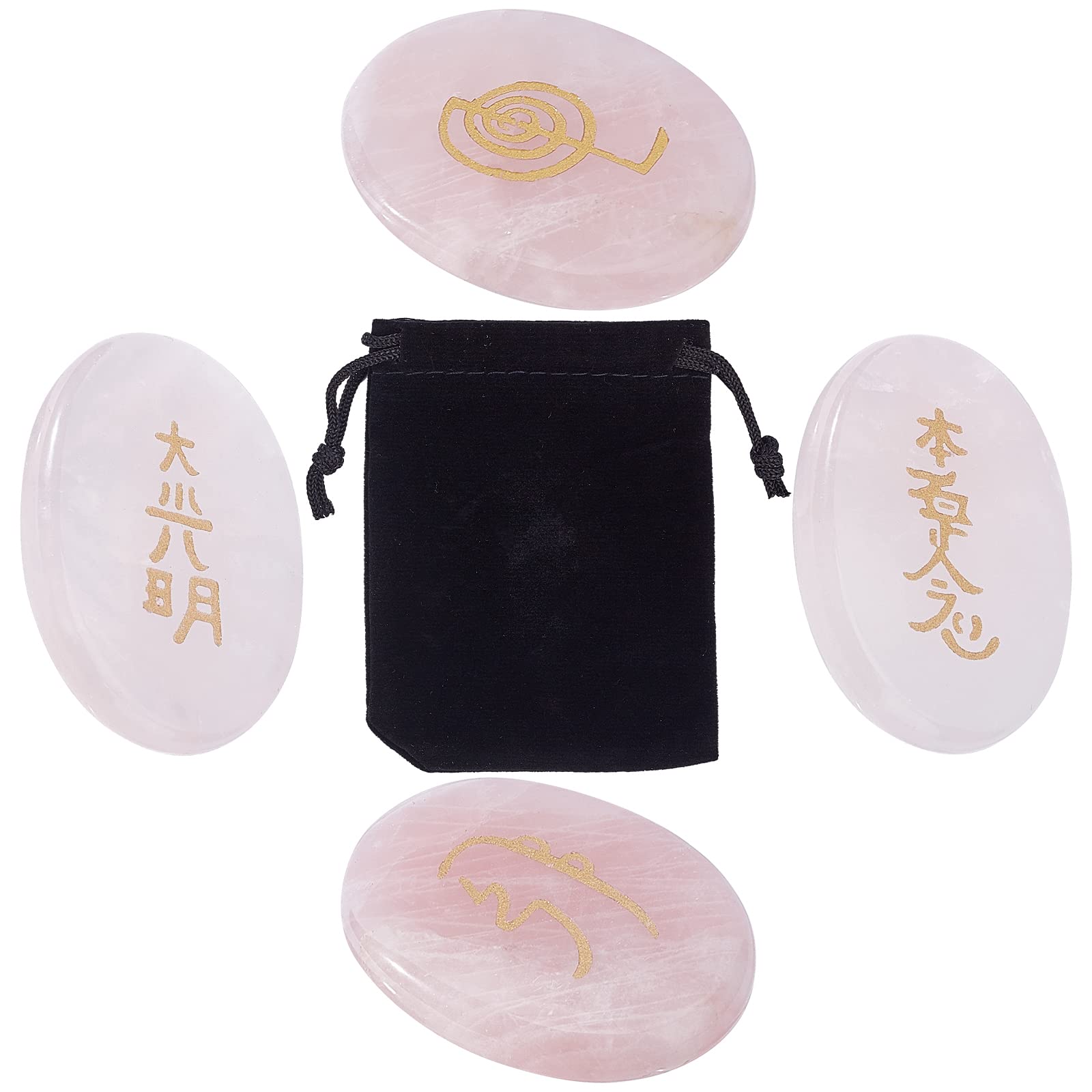 GORGECRAFT 4Pcs 45mm Rose Quartz Reiki Stones Engraved Chakra Symbols Rune Palm Healing Crystal Reiki Balancing Positive Energy Generator Stone Set for Meditation Divination