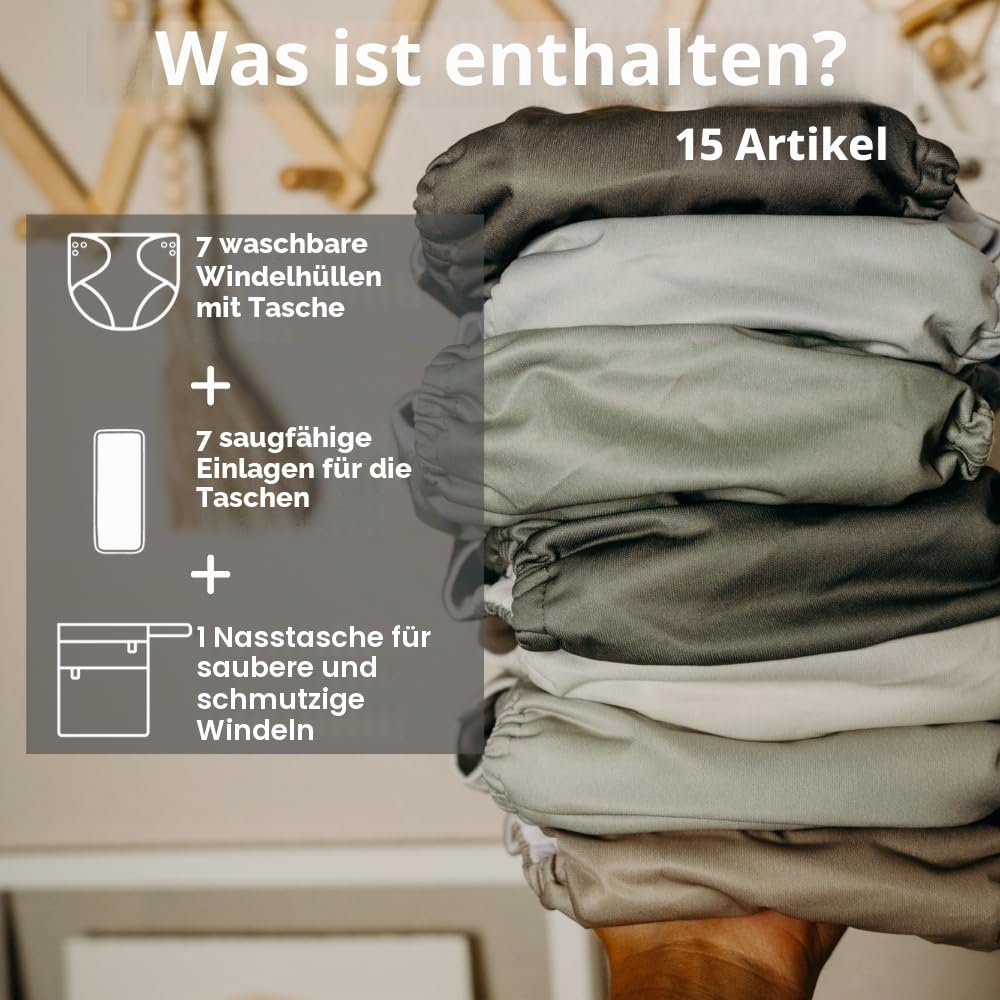 Nora's Nursery Morning Dew Stoffwindeln, 7 Stück, mit 7 Einsätzen und 1 Nassbeutel, wasserdichter Bezug, waschbar, wiederverwendbar und Einheitsgröße, verstellbare Taschenwindeln für Neugeborene und