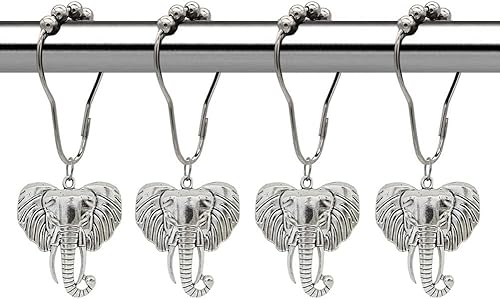 Miniatura 7 de Ganchos decorativos para cortina de ducha de elefante, juego de 12 ganchos de cortina de acero inoxidable a prueba de óxido, con bonitos elefantes,