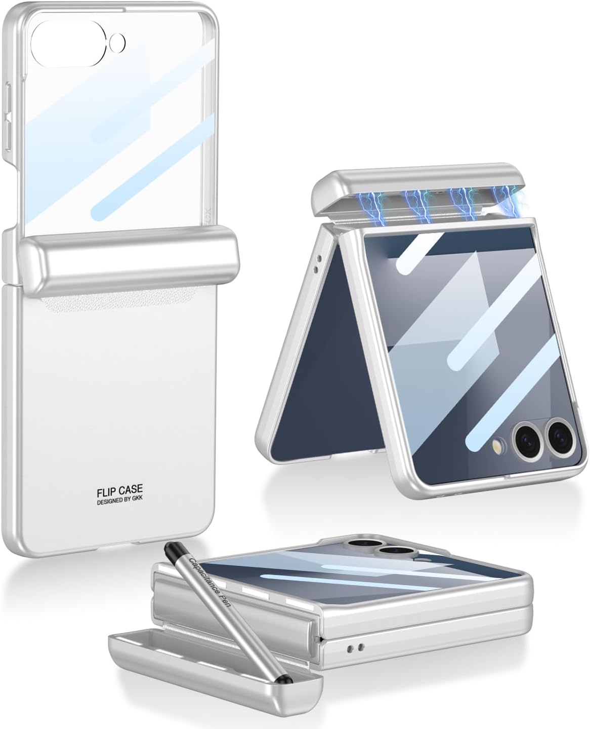 SHIEID Galaxy Z Flip 7 Case with Stylus Pen, Magnetic Hinge Protective Cover with Built-in Screen Protector & S Pen Holder  Full-Body 360 Case for Samsung Z Flip 7, Elegant Silver