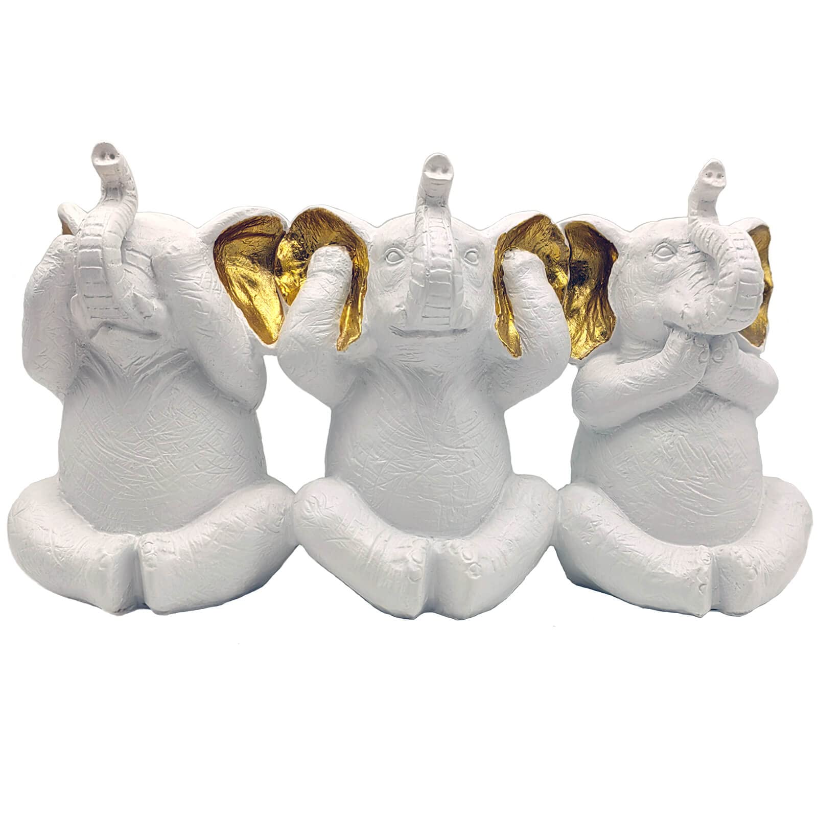 HOWFIELD No-Hear No-See No-Speak Elephants Statue - 3 PCS 11" Long 6" High Resin Intelligent Elephants Decor for Home Office Restaurant (White)