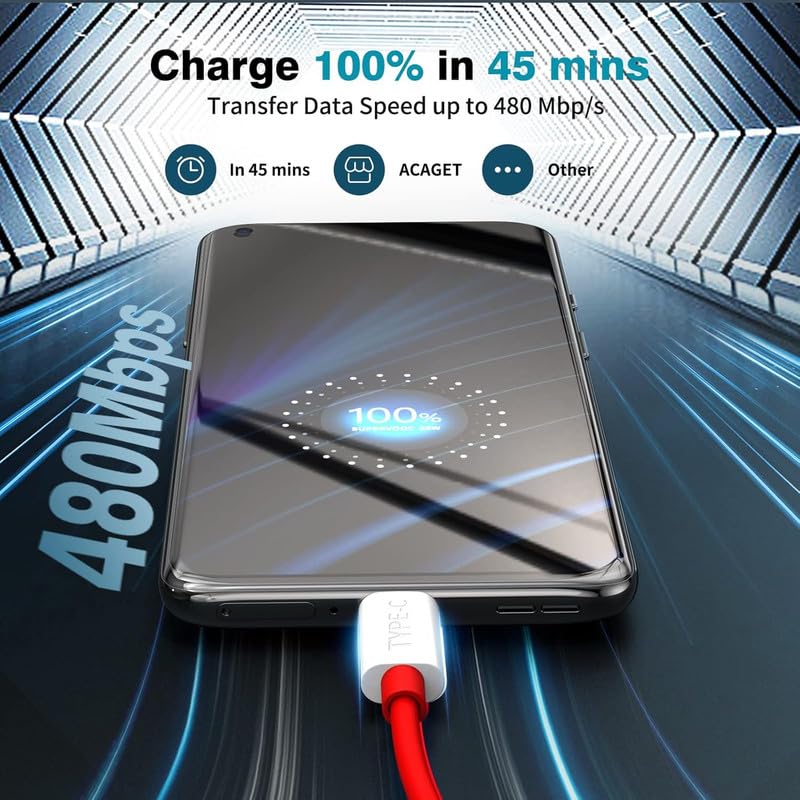 Image of Oneplus 80W Charging Cable USB to Type C Warp Charger SuperVooc /Dash Fast Charge Cable for Oneplus 11,11R,10 Pro,10R,10T,9RT,9R,8R,8T Charge Cable for 6 /6T /7 /7T,Nord,Ce2 Lite 5G,Ce 3 5G,Ce3 Lite, Red