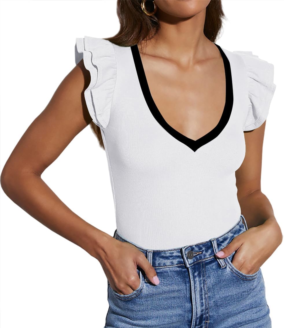 INFITTY Women's V Neck T Shirts Ruffle Sleeve Tops Dressy Sexy Sleeveless Slim Fitted Ribbed Tank Top Summer 2026 - Image 5