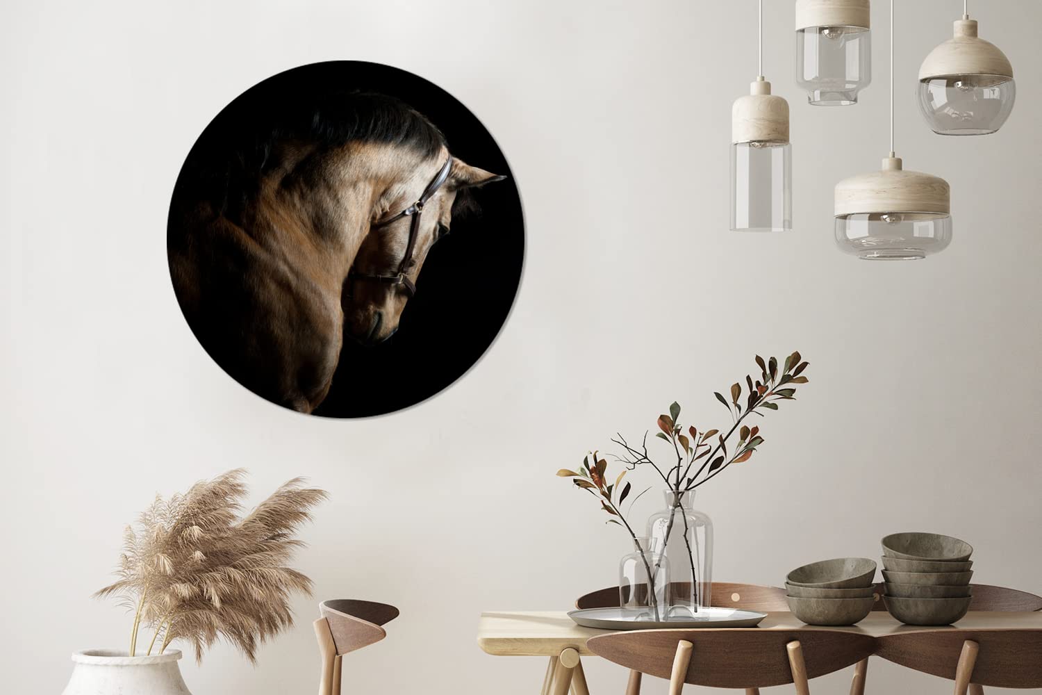 MuchoWow Wandbild Rund Wanddeko Deko Wohnzimmer Bilder 90x90 cm Pferde - Halfter - Schwarz