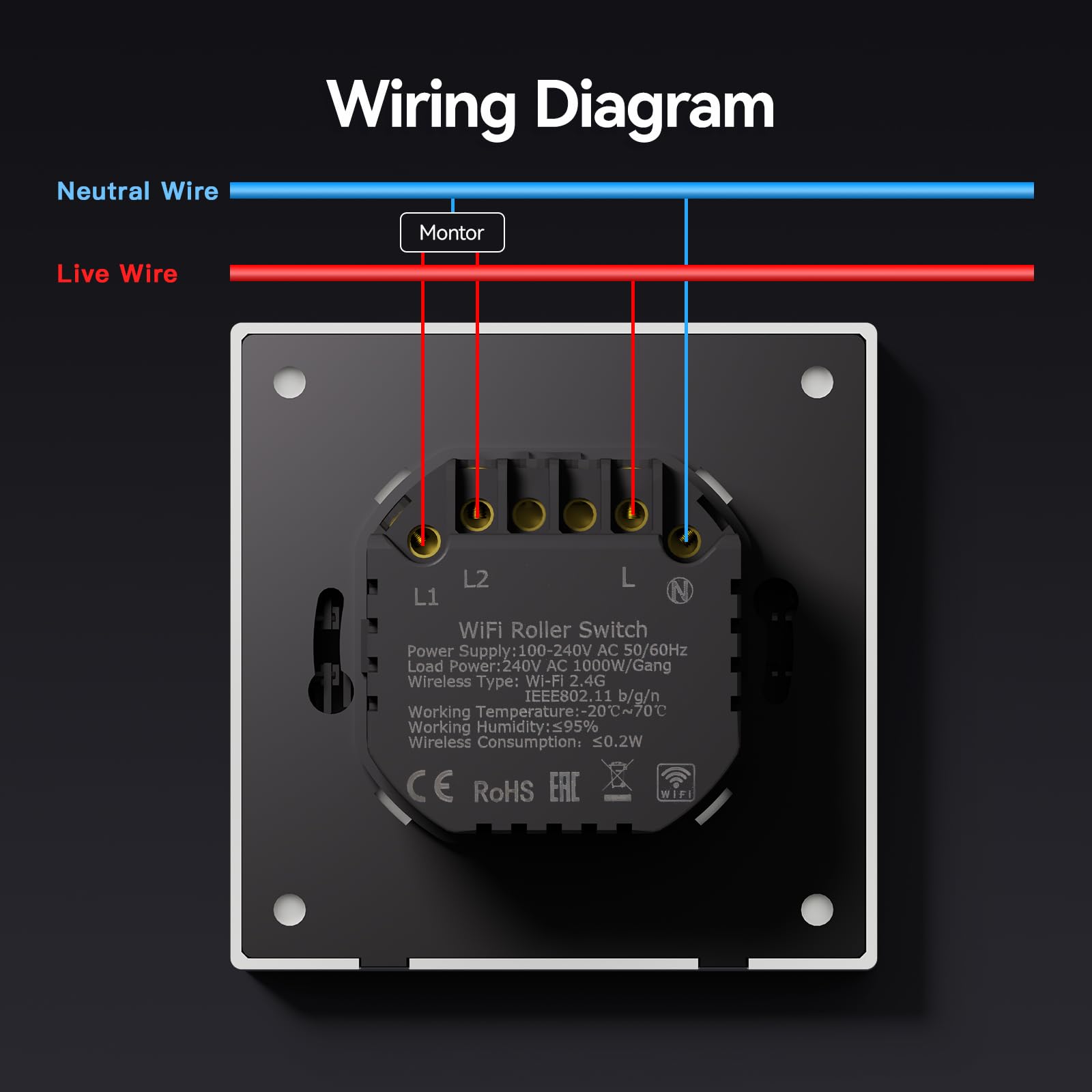 BSEED Interruttore intelligente per tapparelle, opaco, interruttore WiFi con spia di controllo, interruttore a incasso, serie S, 86 mm, bianco, confezione da 3