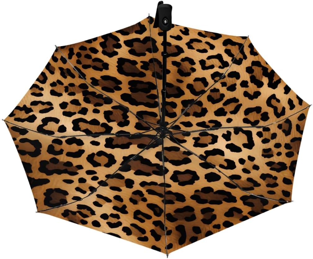 Animal Leopard Skin Print Folding Umbrella Windproof Compact Lightweight Travel Umbrella with 8 Reinforced Ribs, Portable UV Sun & Rain Protection for Men & Women