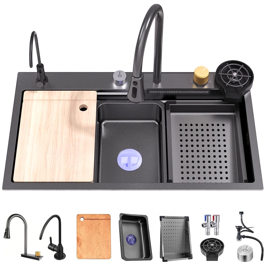WIQUYBML Nano Waterfall Sink, 304 Stainless Steel Kitchen Sink,Single Workstation Sink With Flying Rain Pull-Out Faucet, Pressurized Cup Washer (Color : Black grey-B, Size 80x45x21cm)
