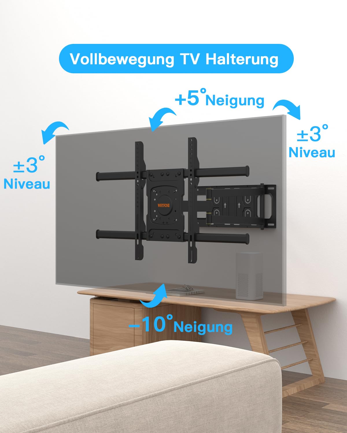 TV Wandhalterung mit 650mm Langem Arm WHYFONE Fernsehhalterung Wand Schwenkbar Halterung Volle Bewegung Neigbar Drehbar Ecke Halter für 32-70 Zoll Flach&Curved Fernseher bis zu 35kg, VESA 600x400mm
