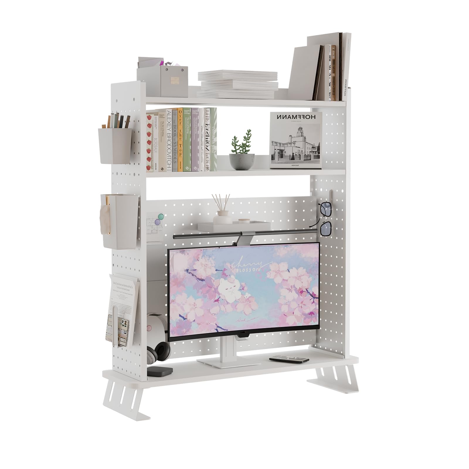 Scaffale da scrivania a 2 livelli con supporto per monitor, bianco, 80 cm, organizer da scrivania con disco rigido