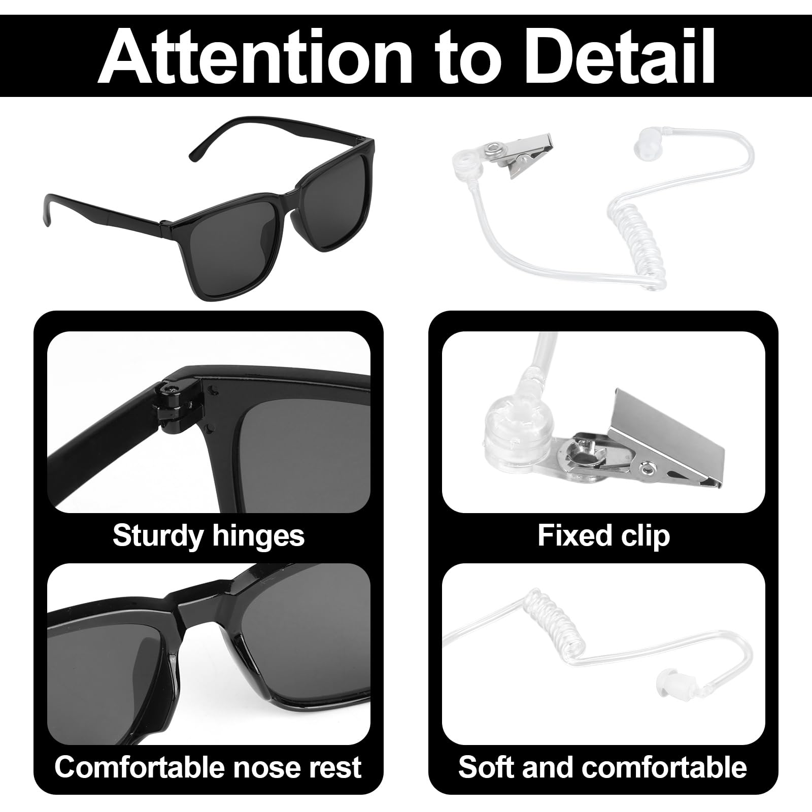 Qichan 8 Pcs Men in Black Costume Accessories, Agent Costume Accessory with Tie, Sunglasses, Card Holder, Headphones - Image 4
