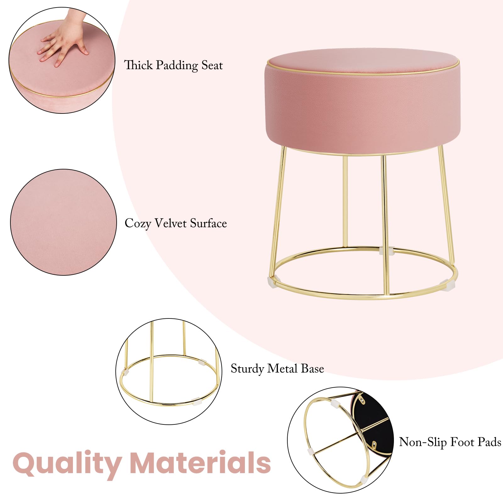 HOMASIS Sgabello per Toeletta Trucco, Sgabello Trucco, Pouf Velluto, Poggiapiedi da Divano, Gambe Dorate in Metallo, Sedia Moderna, 34 x 46 cm (D x A) (Rosa, M2)