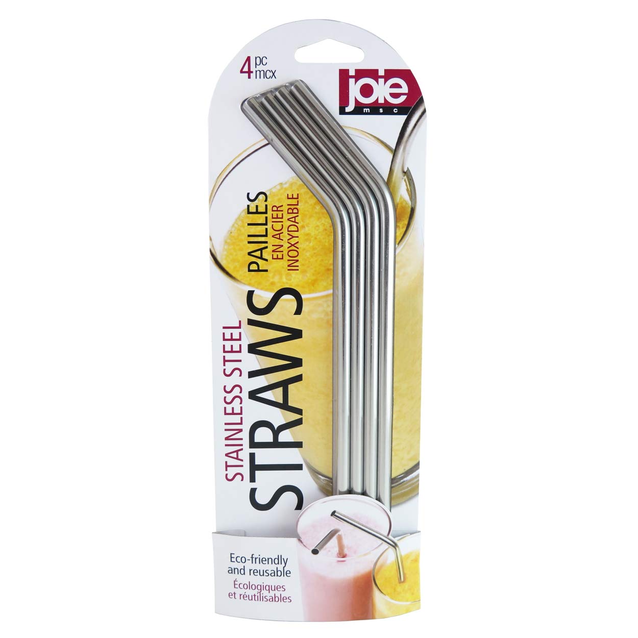 Joie Kitchen Gadgets 4pc Reusable Stainless Steel Straws with Cleaning Brush, Silver