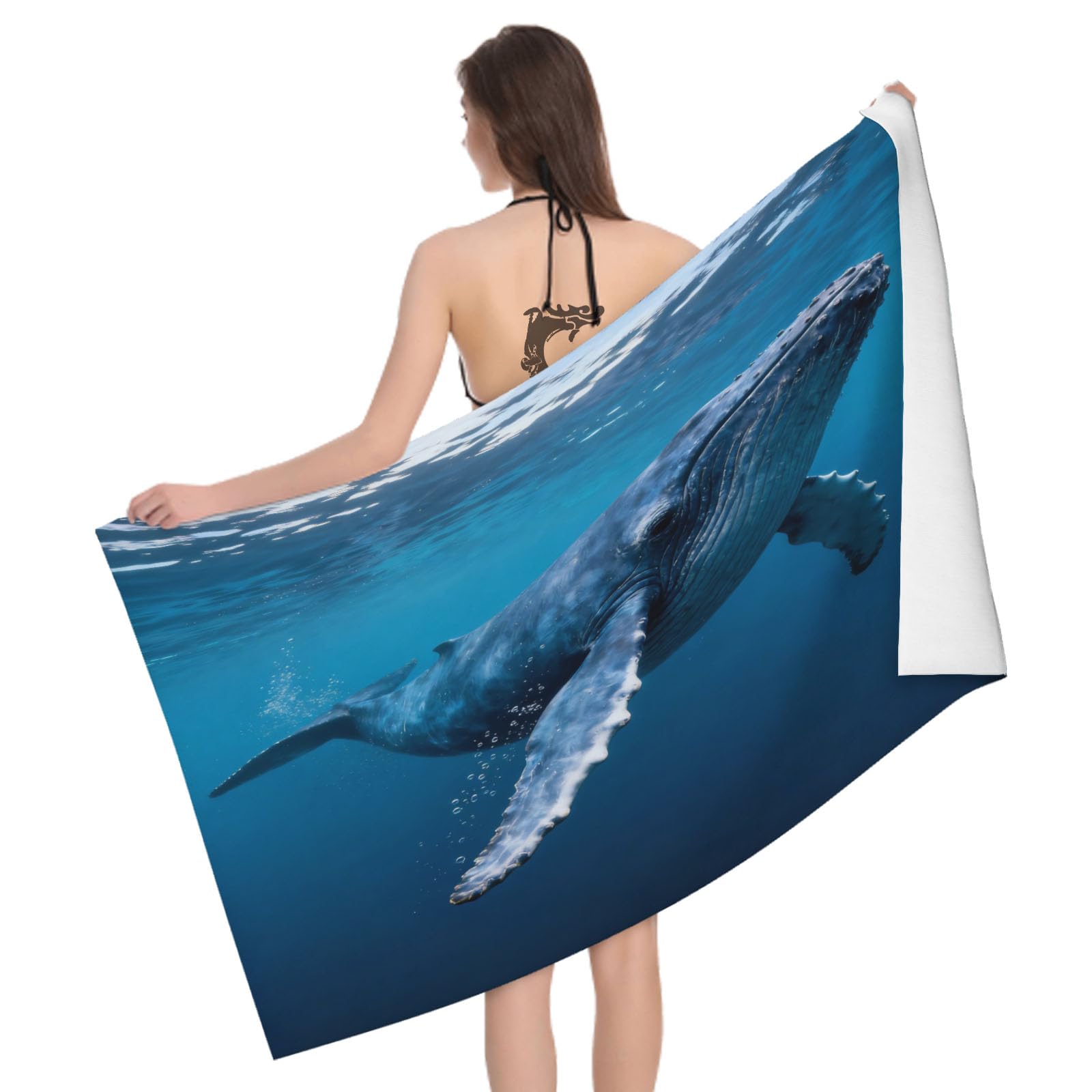 Leichong 3D Whale Print Beach Towel Microfiber Soft Quick Dry for Adults, Ocean Marine Theme Bath Towel Lightweight Soft Absorbent for Travel Swimming Pool Sports, 75 x 150 cm