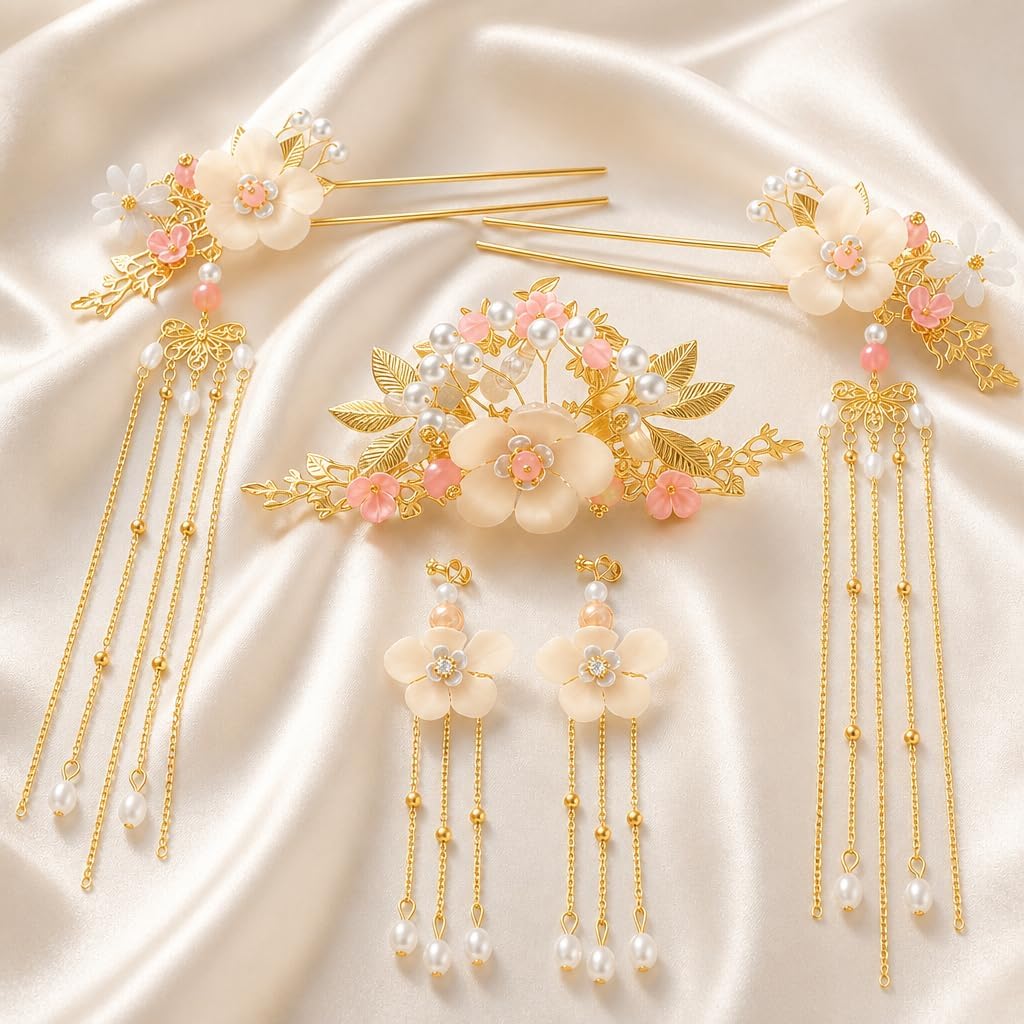 Aswewamt 5 Pcs Flower Chinese Tassel Hair Stick Crystal Pearl Hanfu Hair Pins Classical Floral Bride Wedding Accessories for Women