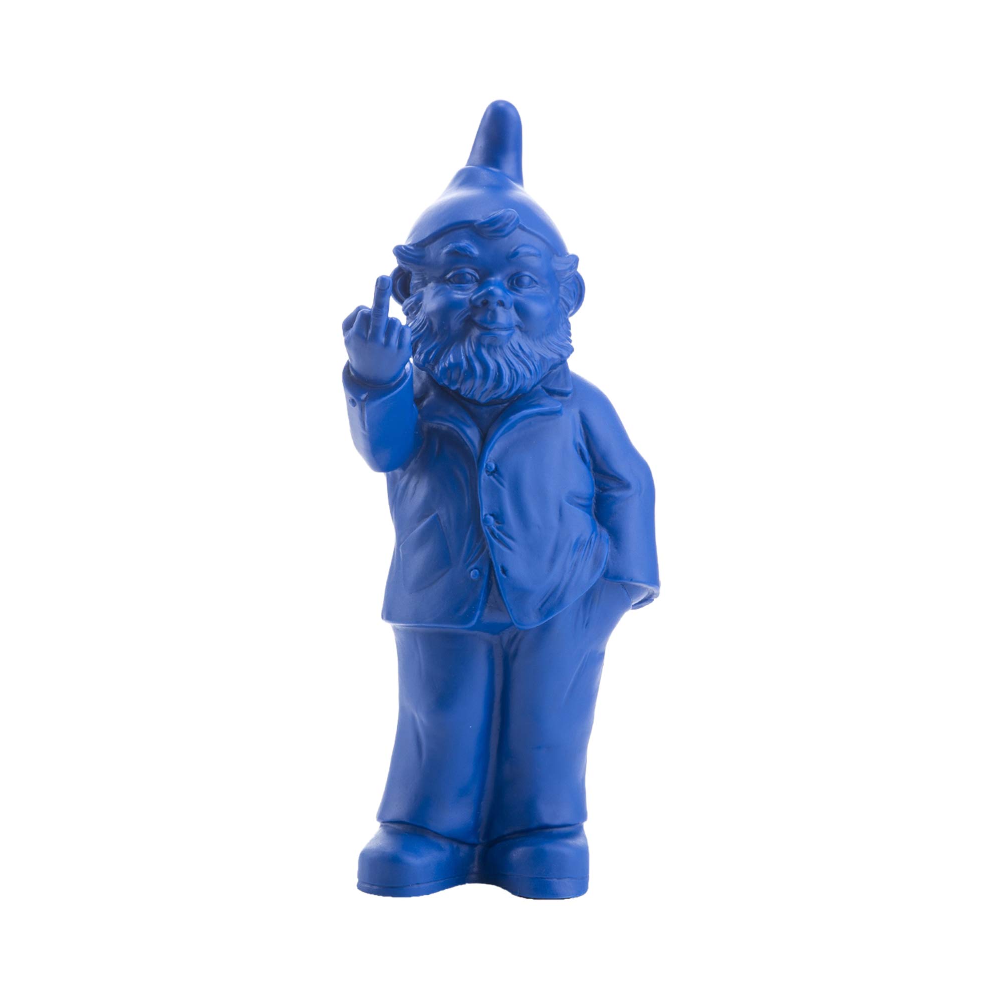 Gnome Sculpture Decor - Flipping Middle Finger - Outdoor or Indoor Naughty Art Statue - Molded Plastic - Large 14.57" x 6.69" x 3.94" inches - Made in Germany (Blue)