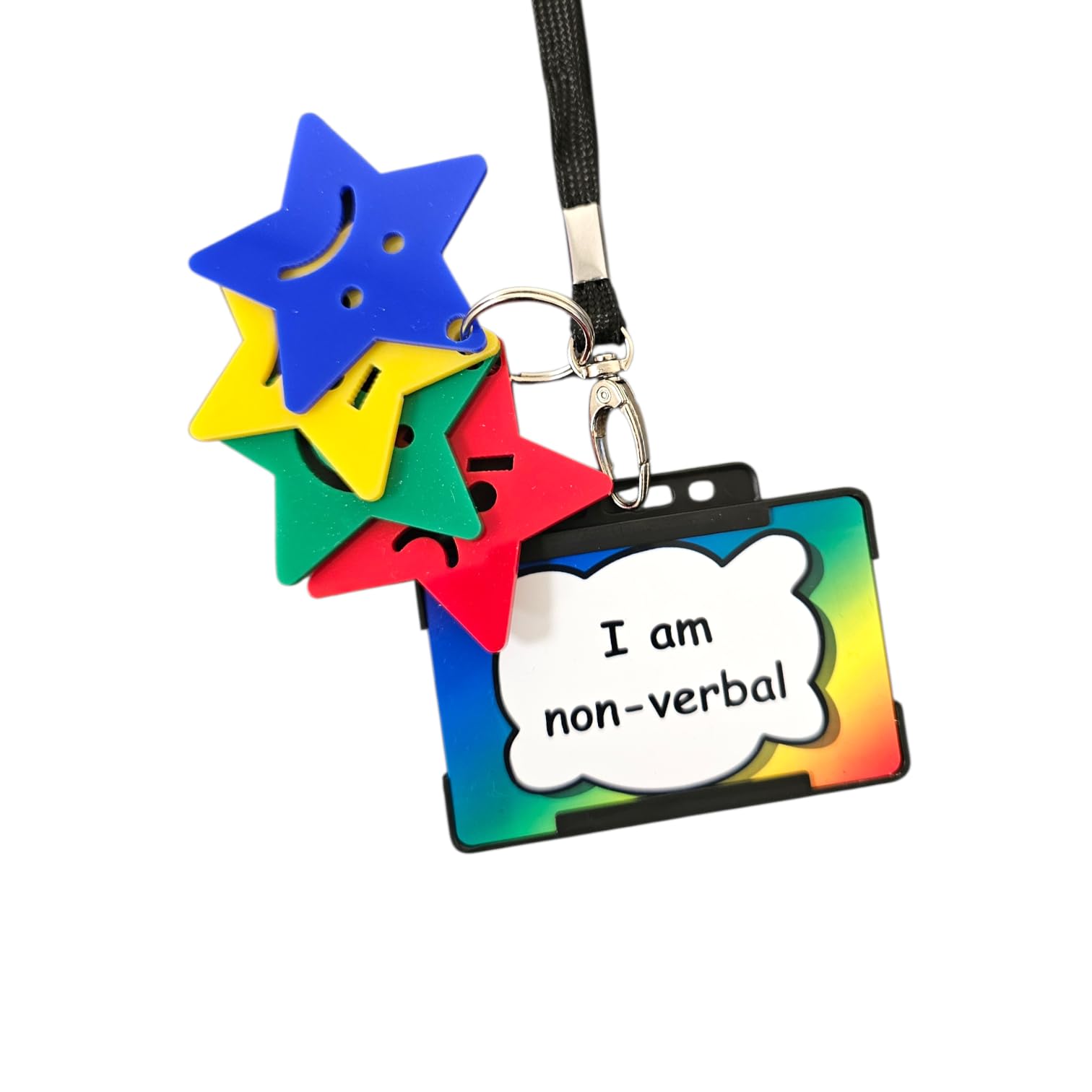 Non-Verbal Medical Alert Card with Breakaway Lanyard and Emotional Regulation Keyring, Rainbow, Star Shape