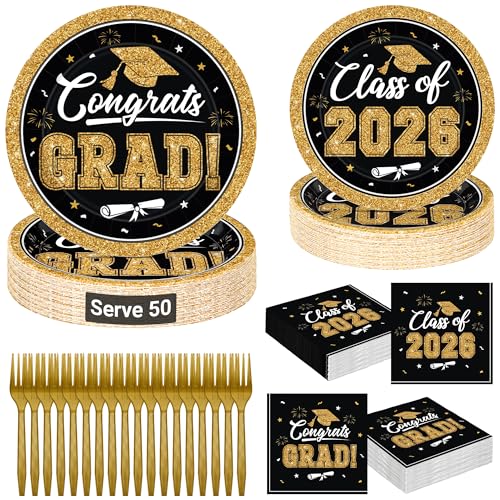 Image of QZYL 200Pcs Graduation Party Supplies 2026, Black and Gold Graduation Plates and Napkins, Disposable Grad Dessert Plates and Plastic Forks, Graduation Party Tableware for 50 Guests