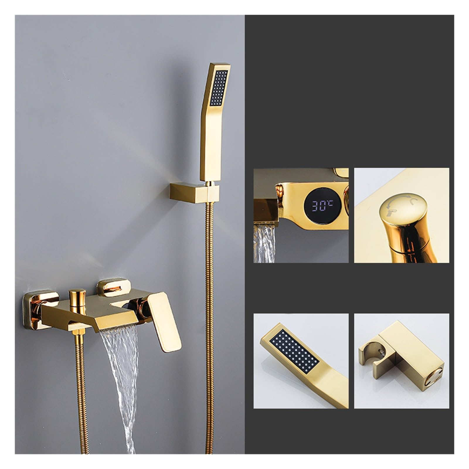 Bathroom Digital Shower Set ，Waterfall Bathtub Mixer Hot and Cold Gun Gray Faucet， Temperature Constant Tap(Hot Cold Gold)