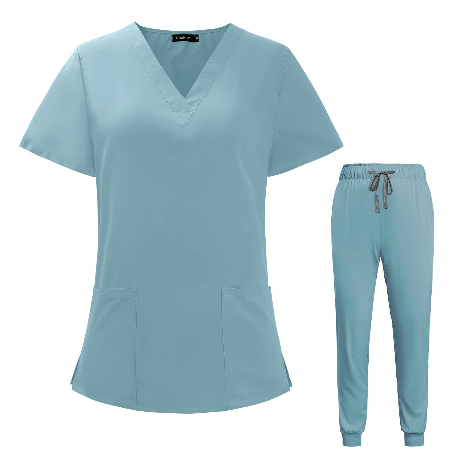 VIAOLI Scrubs for Women Set V-Neck Pocket Top & Drawstring Jogger Scrub Pants Stretch Nursing Scrubs Set Uniform