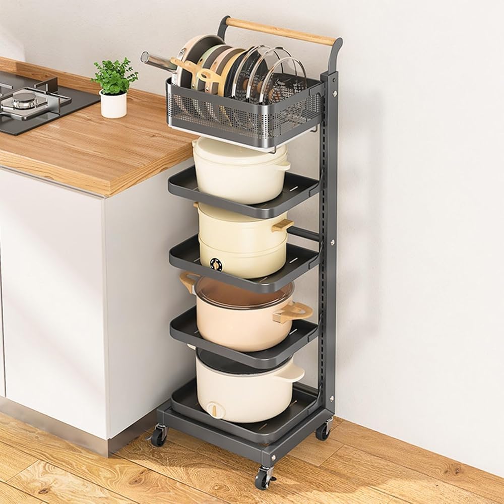 Kitchen Cookware Organizer Rack Holder, Multifunctional Pot and Pan Organizer Rack with 1 Pan Organizing Basket & Drain Pan, Pot Lid Holders, Black