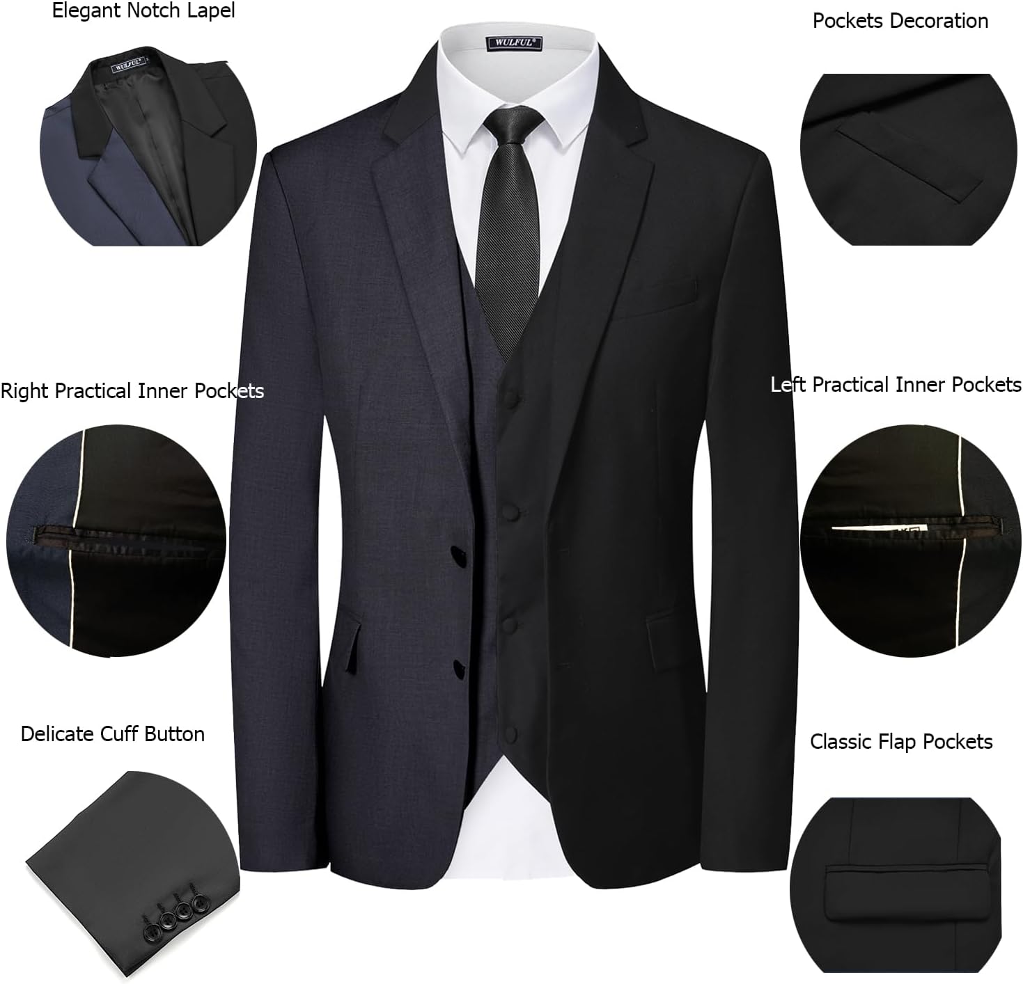 WULFUL Men's 3 Piece Slim Fit Suit Set Two Button Blazer Jacket Vest Pants Tuxedo Set for Party, Wedding and Business Black Grey - Image 4