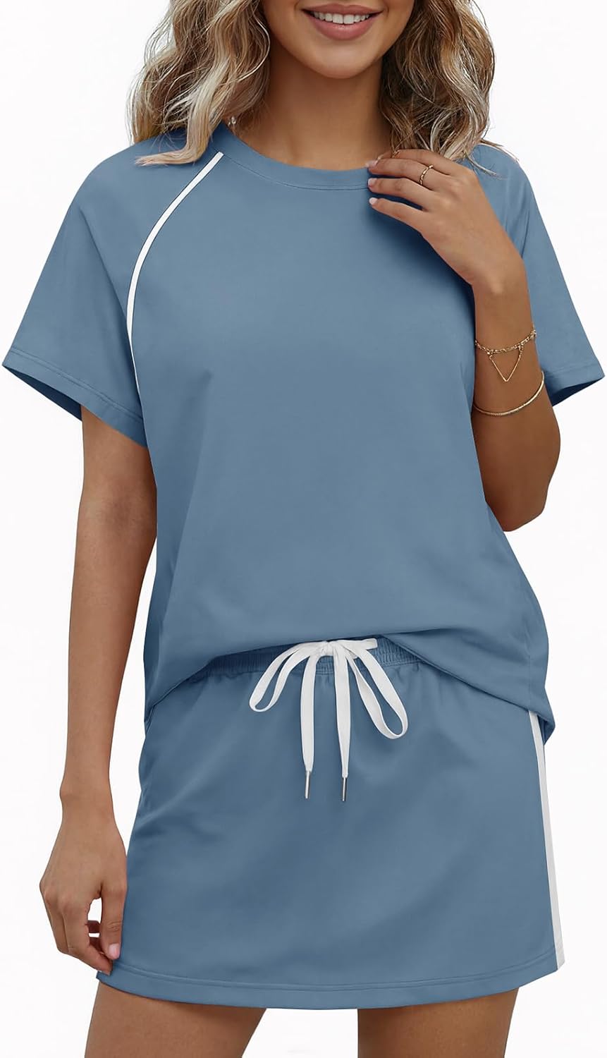 Yousify Womens 2 Piece Skirt Sets Summer Short Sleeve Tops and Tennis Skort Lounge Set Vacation Workout Matching Outfits
