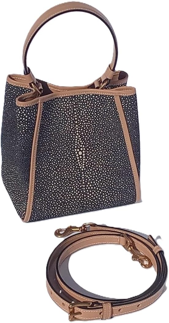 Geniune Leather Bucket Handbag with Spotted Pattern, Tan Leather Trim, Detachable Shoulder Strap, Black and Beige Colours. Made In UAE