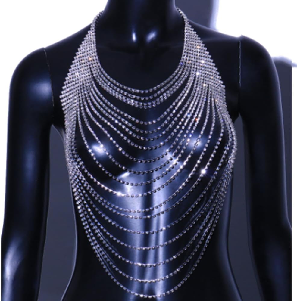 Wiwpar Full Rhinestone Body Chain Crystal Crossover Bra Body Chain Necklace Boho Multilay Costume Chest Chain Beach Sexy Bikini Nightclub Body Chain Party Rave Accessories for Women - Image 3