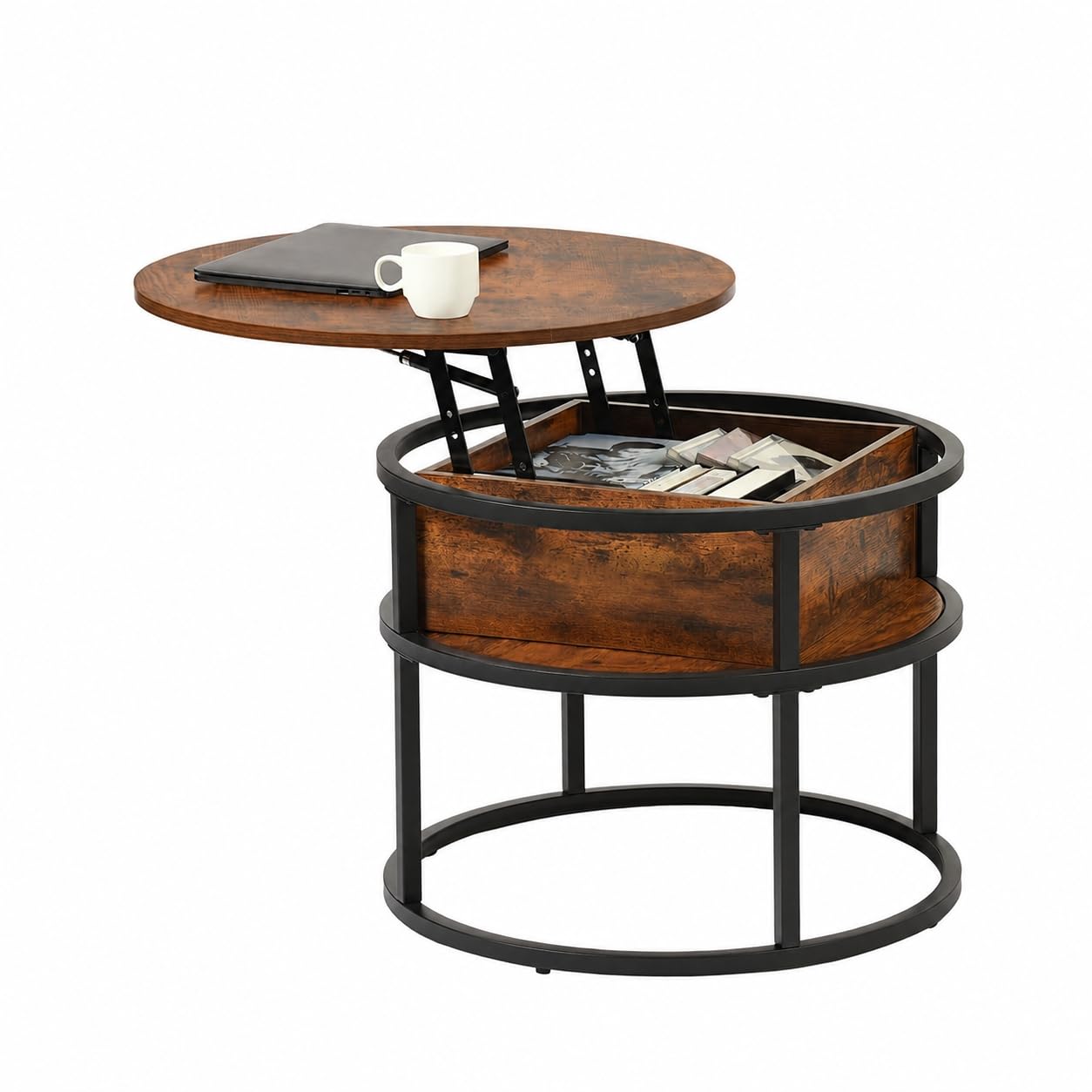 EGGREE Table Basse Relevable avec Rangement Caché,60x60X48cm-62cm,Table Basse Ronde Bois,pour Salon, Bureau,Chambre, Balcon Marron