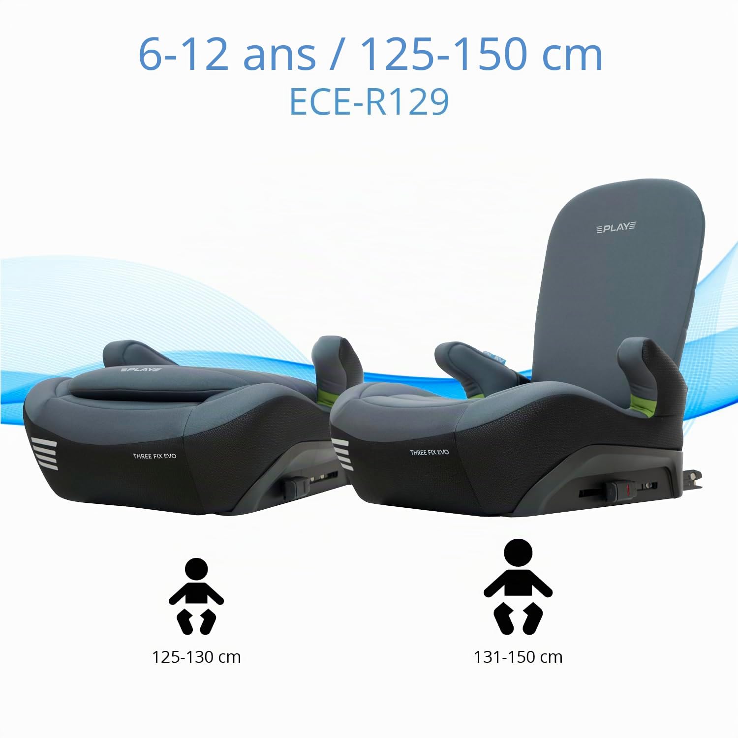 Play Three fix evo, Siège auto Rehausseur ISOFIX, Rehausseur auto léger, de 6 à 12 ans, 22-36 kg, 125-150 cm, Tinted Grey (Gris)