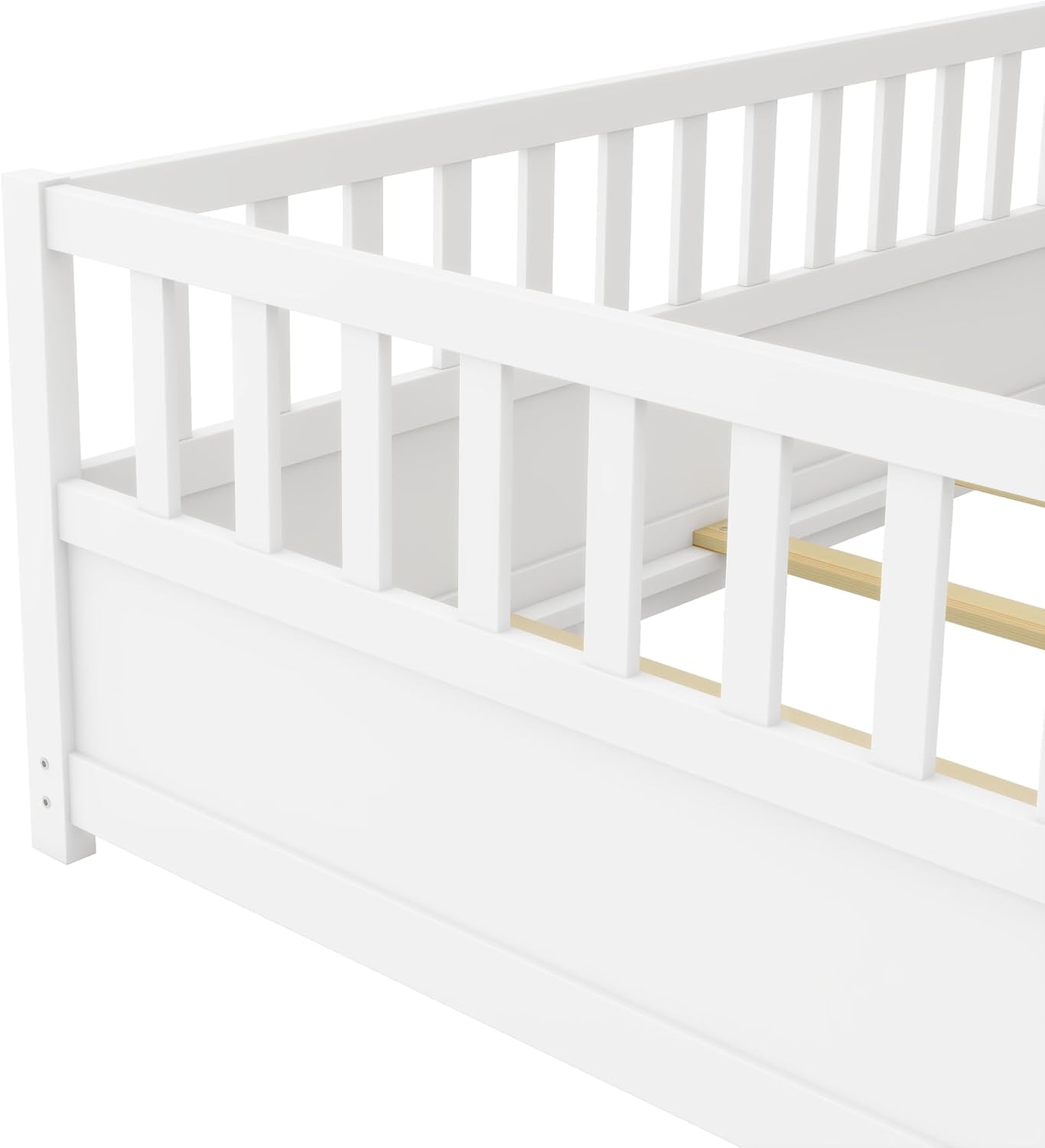 Bellemave Twin Montessori Floor Bed with 21.4" High Guardrails & Door, Wooden Twin Floor Bed Frame for Kids, Low Profile Twin Size Floor Bed Frame for Nursery, Montessori Beds with Slats, White