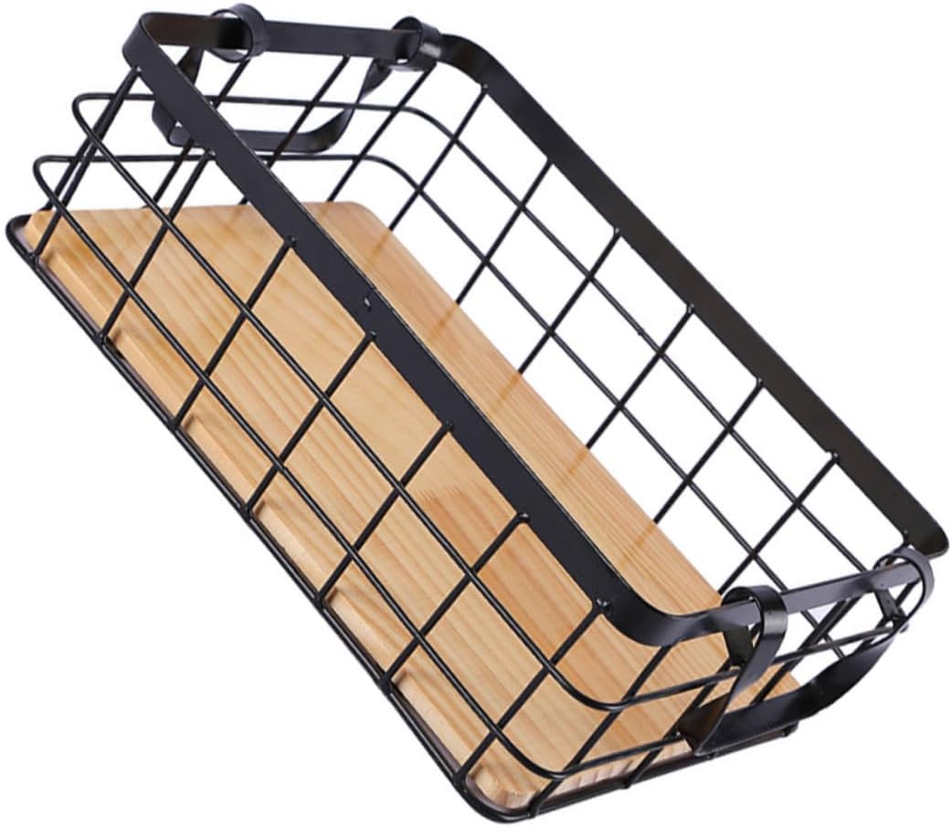 Mobestech Black Iron Storage Basket with Handle Medium Handheld Kitchen Organizer for Fruit and Home Storage Wire Frame with Wood Base Decorative