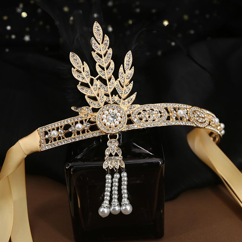 LEEMASING 1920s Flapper Rhinestones Pearls Feather Headband Vintage Gatsby Headpiece Crystal Hair Headband For Party Festival Wedding Costume (Gold With Feather) - Image 2
