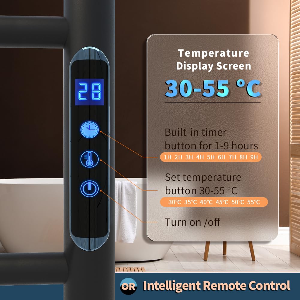KWW Portasciugamani riscaldato, telecomando con APP Tuya, scaldasalviette con timer, scaldasalviette caldo a parete per bagno (nero opaco, 5 bar)