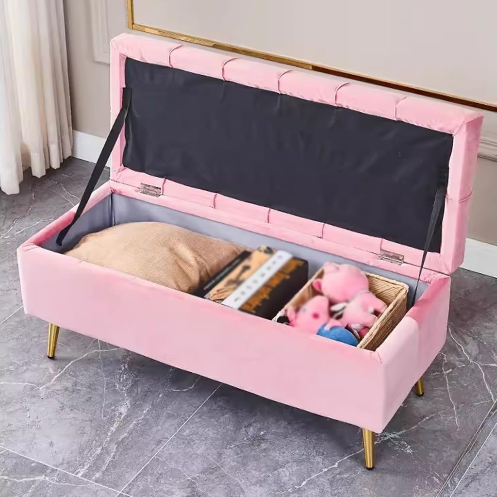 Banco de almacenamiento otomano, taburete rectangular tapizado de terciopelo para dormitorio, entrada o sala de estar con patas de metal, organizador multiusos para mantas y mucho más