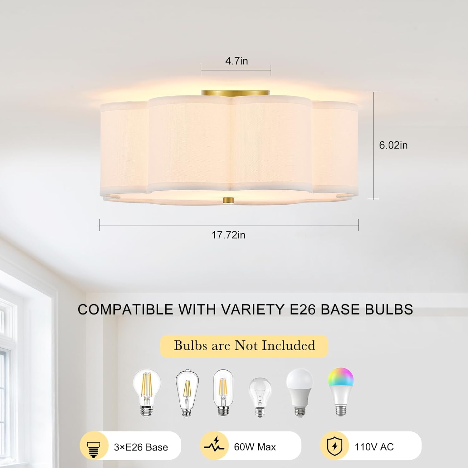 Modern Drum Semi Flush Mount Ceiling Light 17.71" Modern 3-Lights Gold Drum Ceiling Lighting Fixture Vintage Linen Ceiling Lamp for Laundry Room, Kitchen, Basement, Bedroom