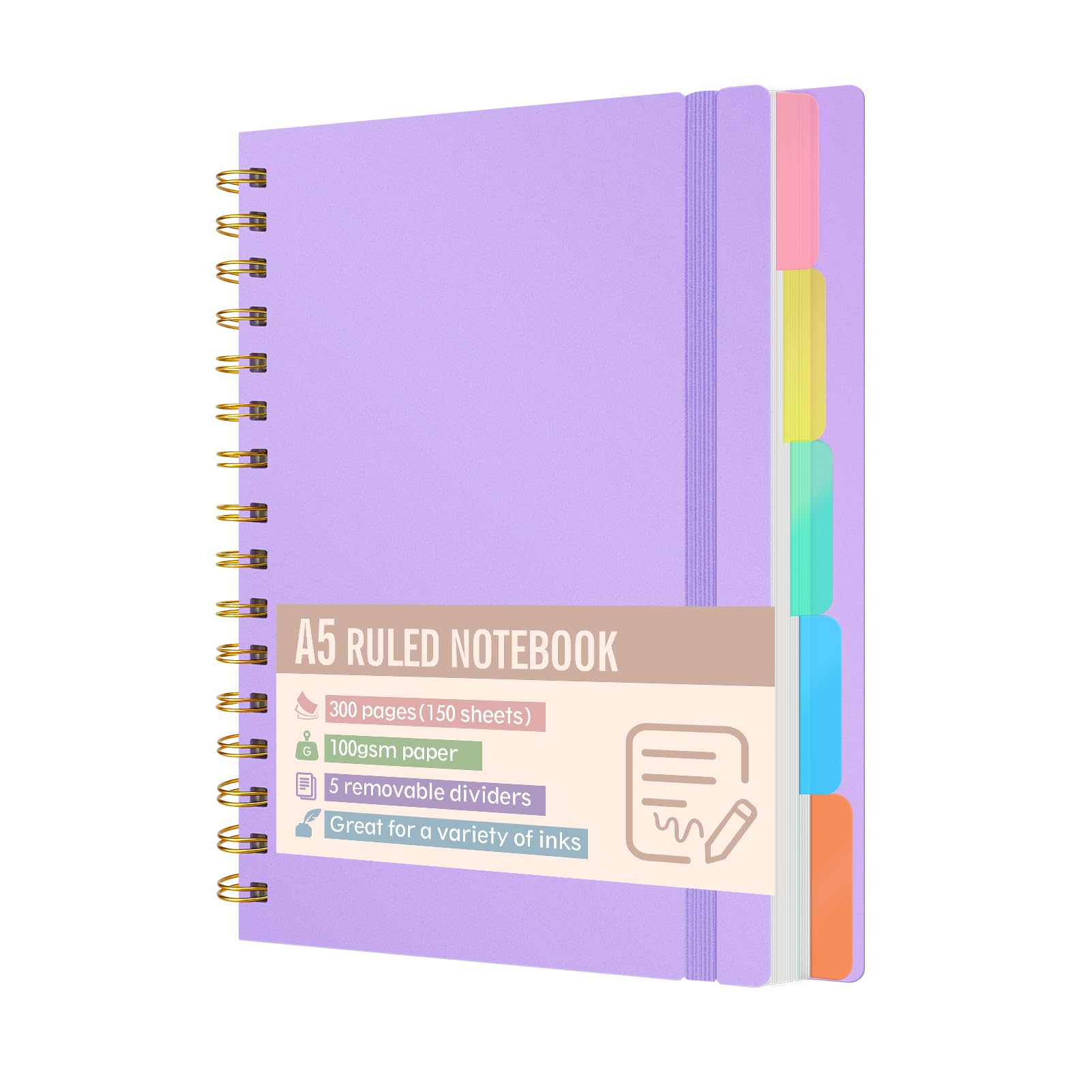 Xnegau A5 Lined Notebook with 5 Removable Dividers, 300 Pages 100gsm Thick Paper, Hard Cover Spiral Bound Notebook with Tabs for School, Office, University and Planning