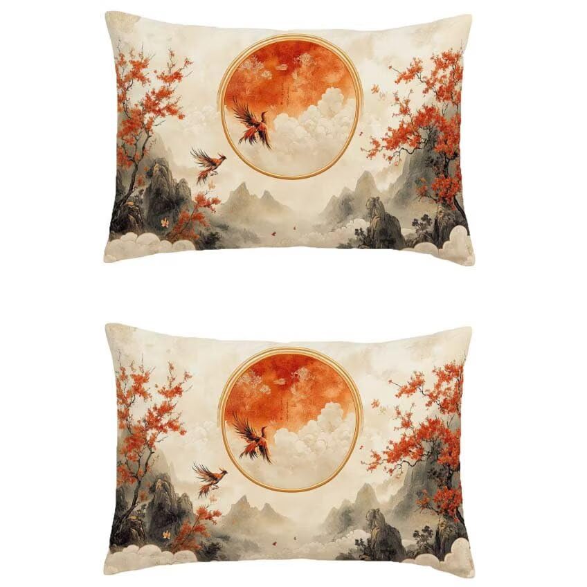 Housse de Coussin Lin Orange Brûlée Phoenix au Design Rectangulaire