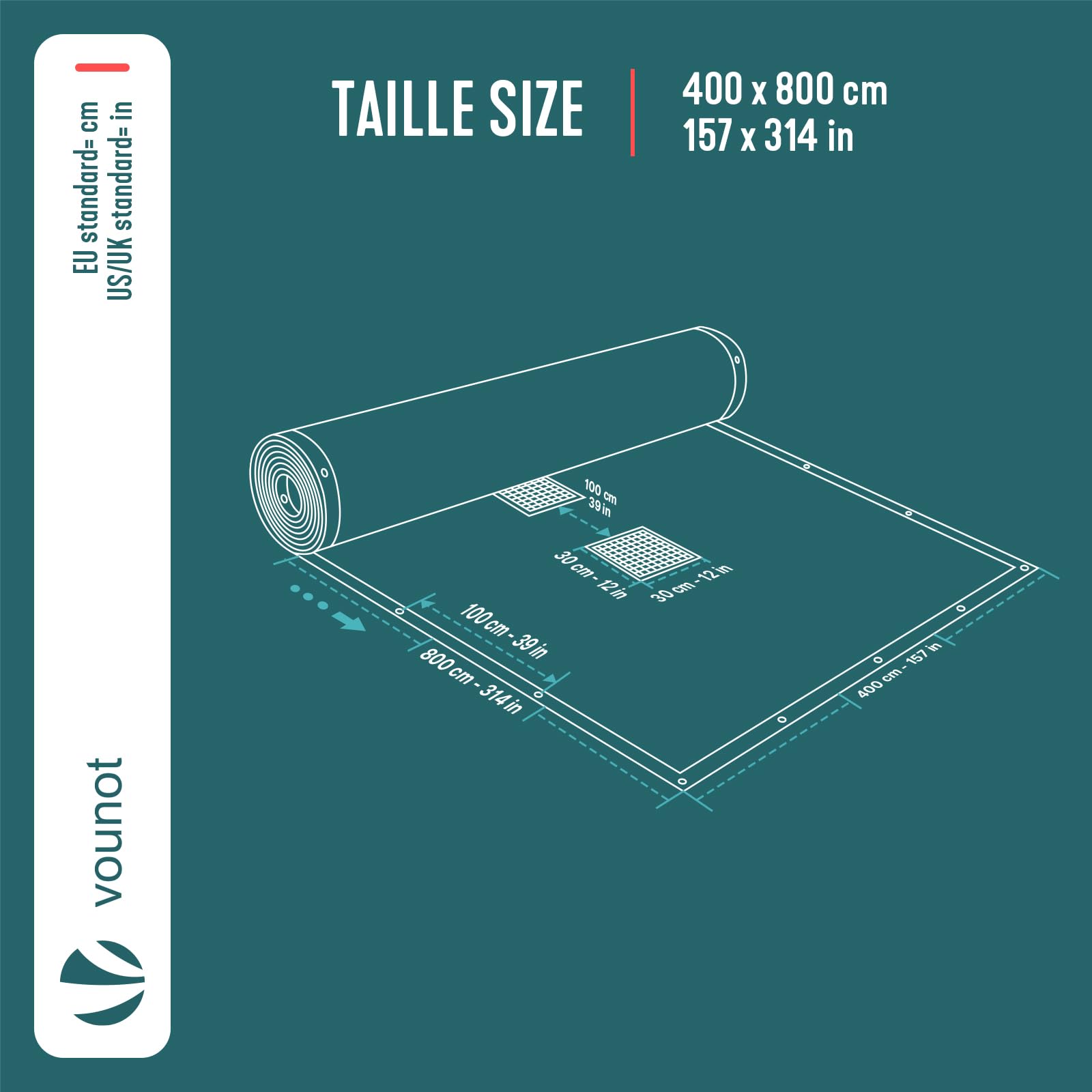 VOUNOT Prostokątna łódź basenowa 8 x 4 m, ręcznik basenowy PE 160 g/m² z centralną siatką drenażową kryty ochronny, niebieski-szary