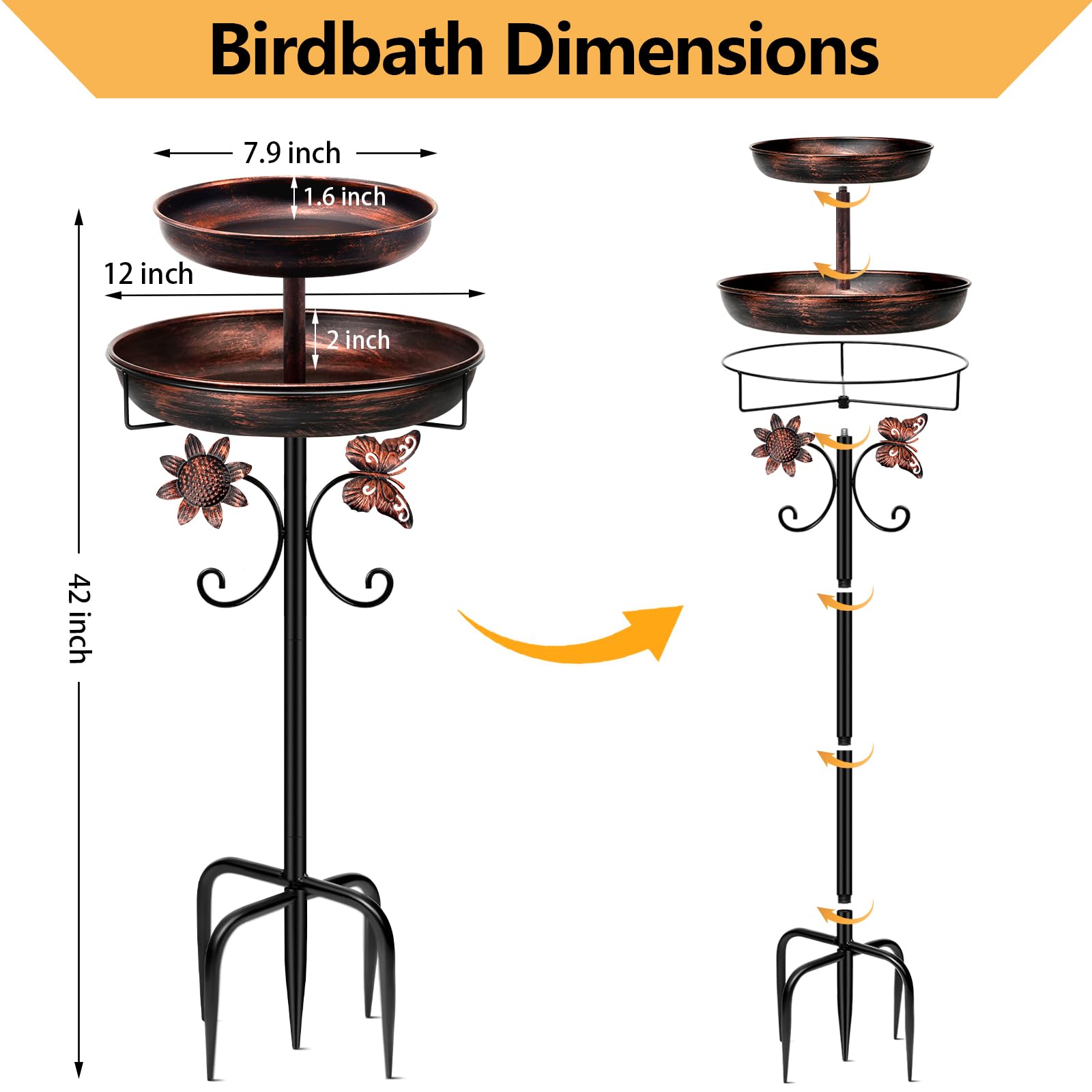 Mngren Vogeltränke Stehend,Vogelbad für Draußen Garten,2 In 1 Metall Vogelbecken Schüssel Wassertränke für Vögel, Antike Vogeltränke Winterfest Futter Wasserschale (Antike Bronze)