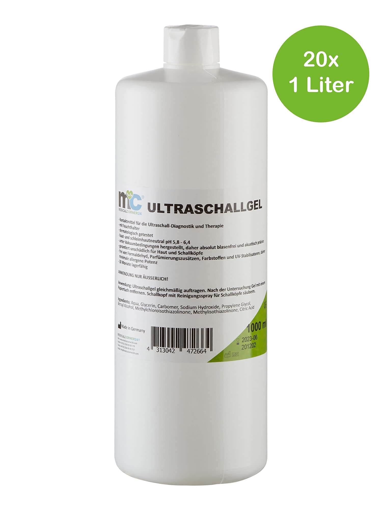 Medicalcorner24 Ultraschallgel, Sonographiegel, Kontaktgel, Leitgel, 20 x 1 Liter Flasche, 20 x 1.000 ml