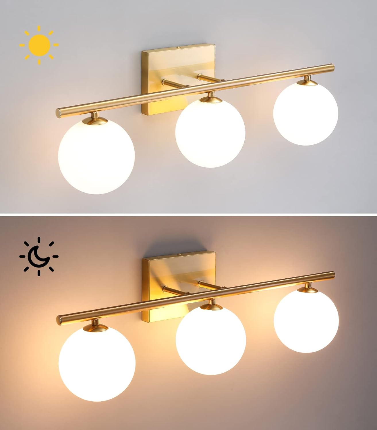 Bathroom Light Fixtures (3-Light, 24 in), Brushed Gold Vanity Lights with Milk Glass Shade, Bathroom Wall Lights for Mirror Bedroom Living Room Hallway